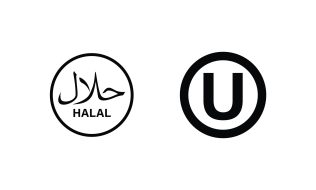 dietary laws for Islam (halal) and Jewish (kosher) logo edition in simple black and white style. round shapes elements isolated on white background in logo design vector.