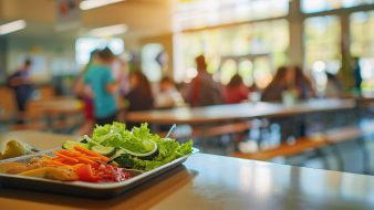 A school cafeteria banner with a focus on a healthy lunch tray, the bustling cafeteria softly blurred behind, and copy space at the top.