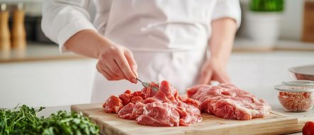 A kitchen scene with a person improperly handling raw and cooked foods on the same surface